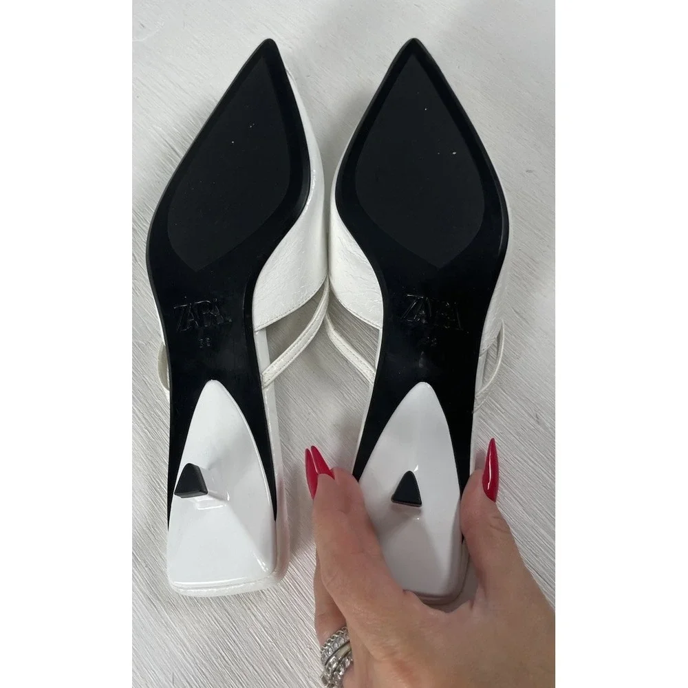 Zara White Bow Kitten Tiny Heal Slip On Point Toe Snake Skin Style Women 38 7.5 - Picture 9 of 14